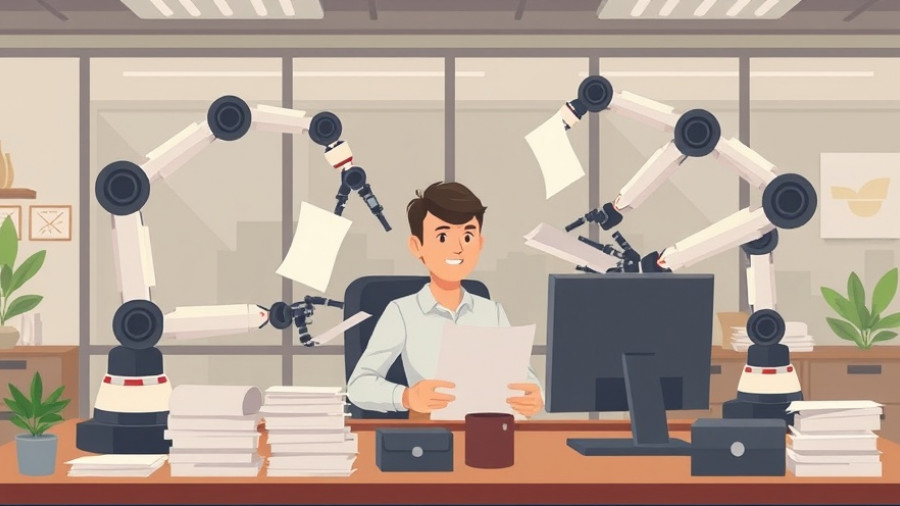 AI for business illustration with robotic arms in an office.