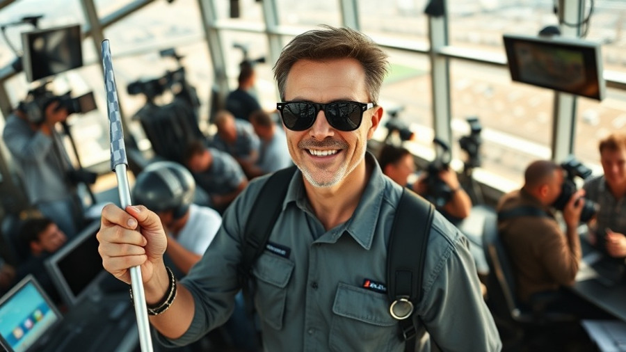 Mature male with sunglasses holding a flag during event