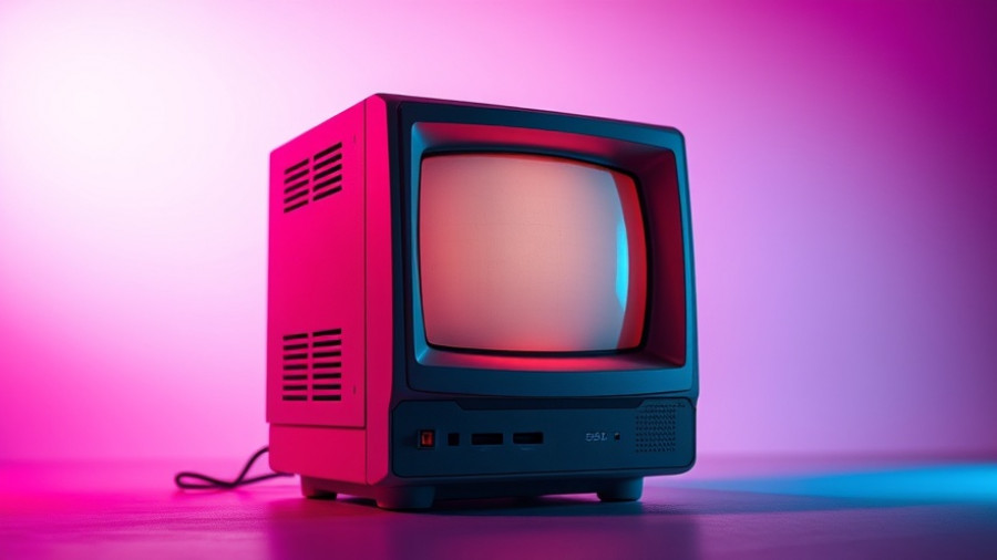 Retro computer against a colorful gradient background.