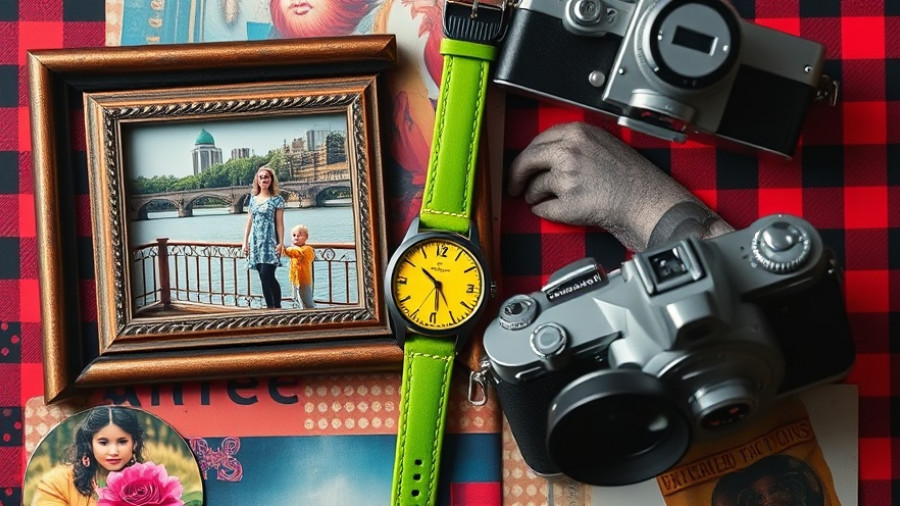 Vibrant artistic collage with photo, watch, camera on checkered background.