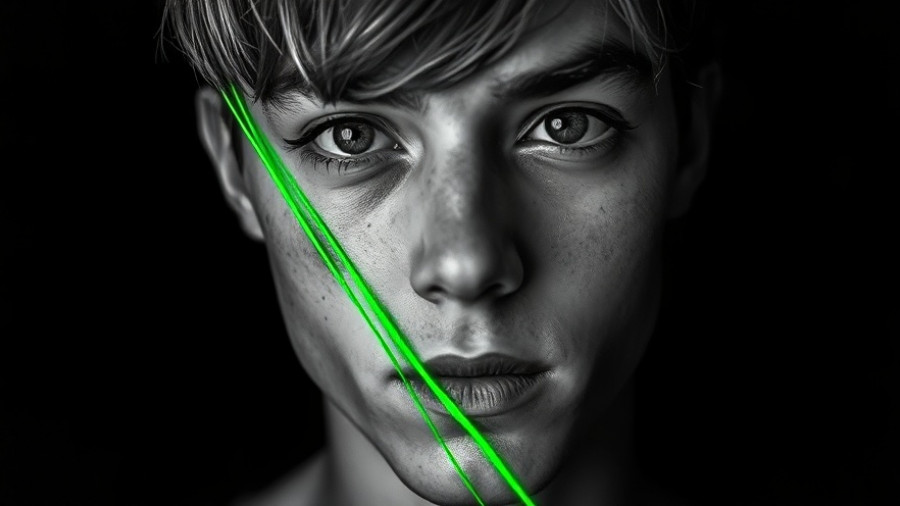 Artistic black and white portrait with green lines representing AI psychosis.