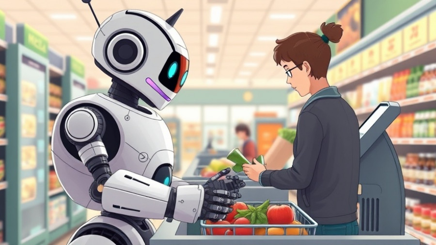 AI for business: Robot assisting customer at self-checkout.