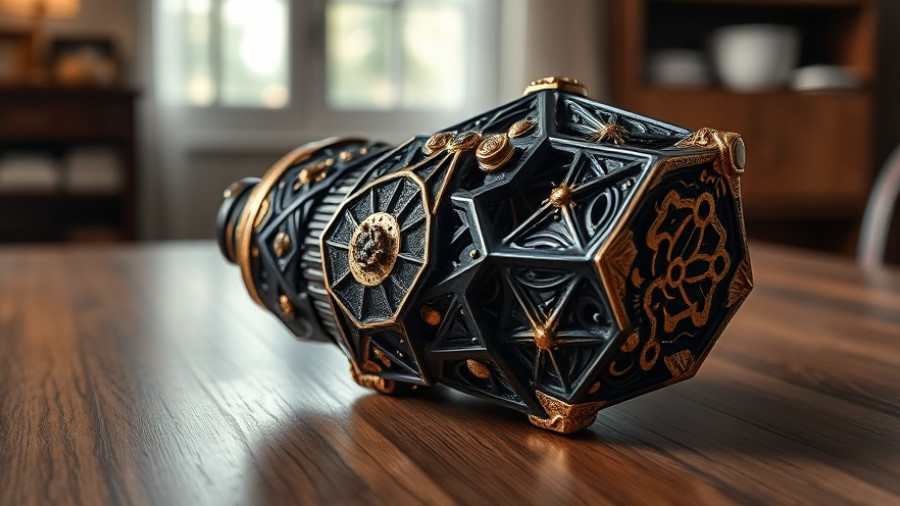 Intricate geometric AI tools device with black and gold design on a table.
