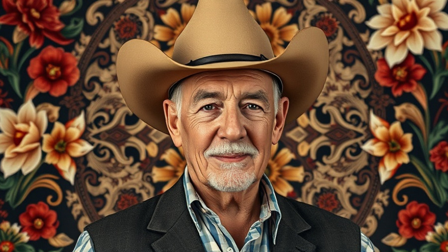 Confident man in cowboy hat posing, business growth strategies in streaming backdrop