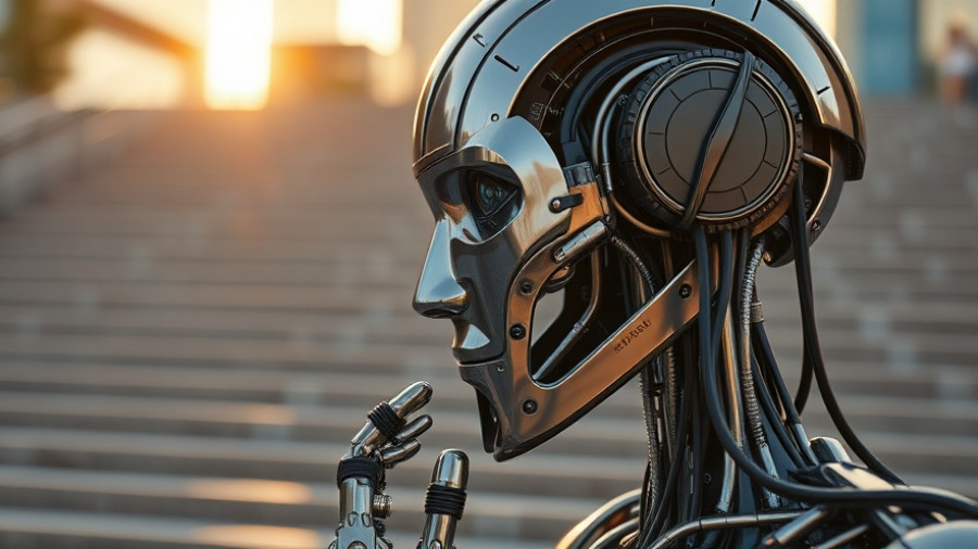 Futuristic robot contemplating on modern city steps.