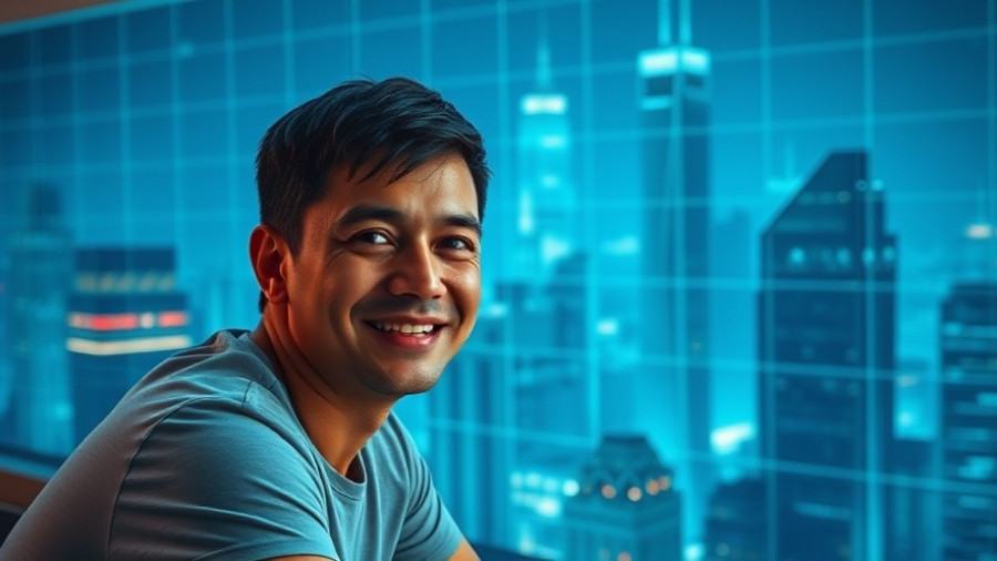 AI for business concept, futuristic digital cityscape with smiling person, blue neon.