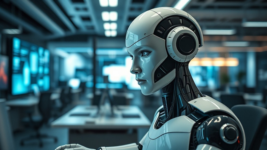 AI for business: Robot working in futuristic tech office.