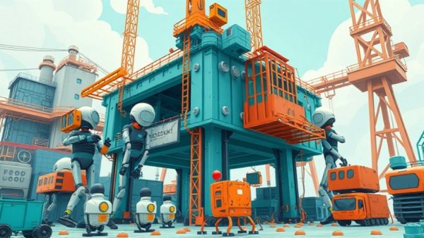 Cartoon robots building a structure; AI for business concept.