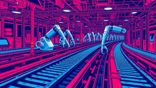 Abstract AI tools with robotic arms and conveyor belts.
