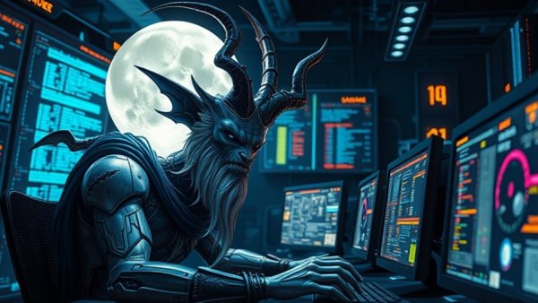 Futuristic AI-themed art with mythical figure focused on programming