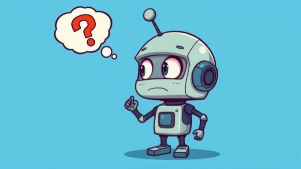 Whimsical cartoon robot pondering AI for business, light blue background.