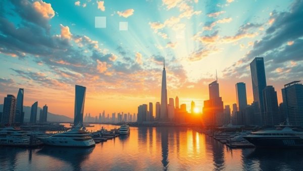 Futuristic city harbor with digital overlays and vibrant sunset.