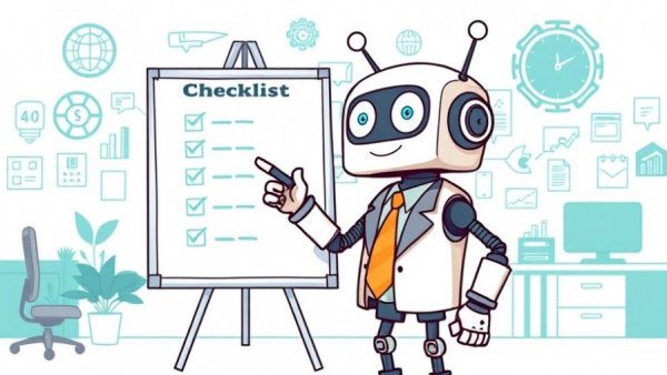 AI for business concept with cartoon robot analyzing tasks.