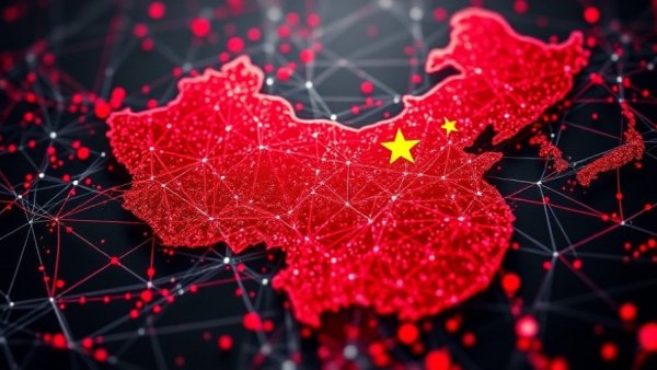 Intricate glitchy digital map with Chinese flag elements, AI for business.