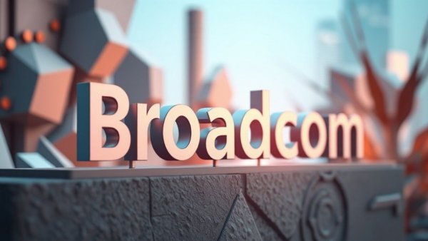 Digital illustration of Broadcom sign with abstract tech elements.