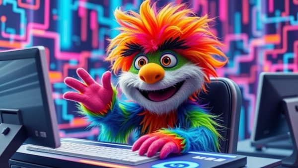AI for business: colorful cartoon monster at futuristic computer station.
