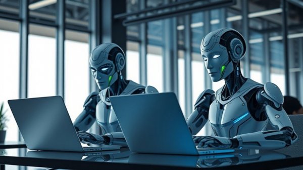 AI and human collaboration in a modern office, boosting productivity.