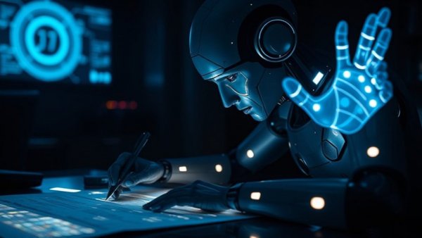 Futuristic AI assisting in business with digital documents.