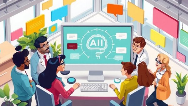 Isometric cartoon of diverse team using AI for business collaboration in office.