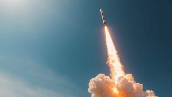 Rocket launch symbolizing business growth, clear sky.