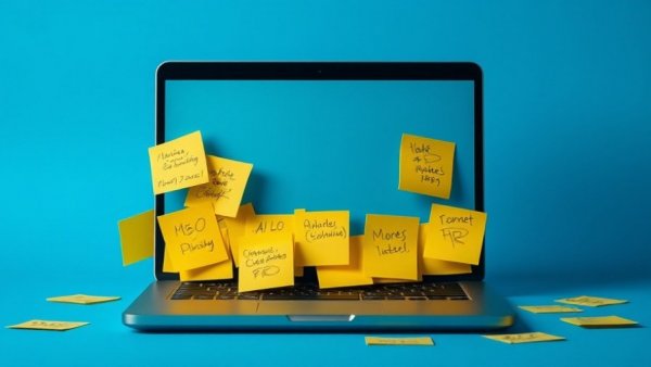 Laptop buried in sticky notes, symbolizing task overload, AI tools for task management.