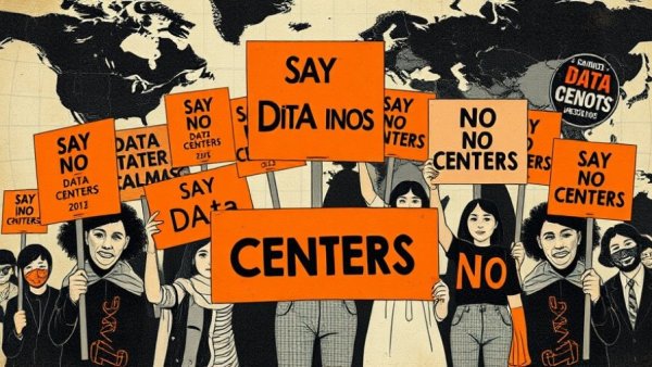 Collage of data center resistance protest in retro style.