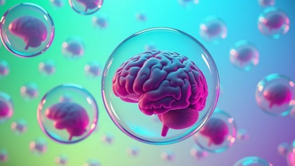 Surreal AI bubble with floating brains in vibrant hues.