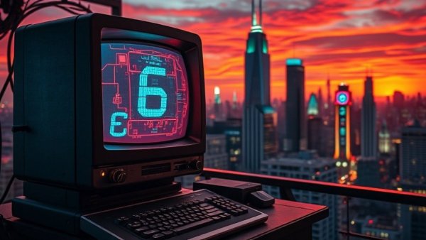 Retro computer with digital display, sunset cityscape. AI for business theme.