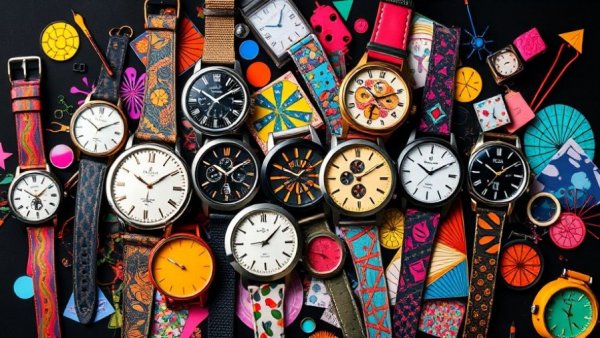 Colorful watch and art collage showcasing AI tools for design.