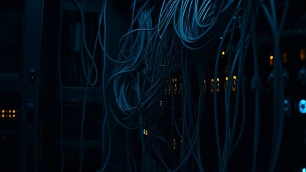 Risks of aging tech: server with tangled cables illuminating risks.