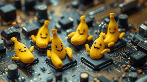 Whimsical AI bananas on microchips in a futuristic setting.