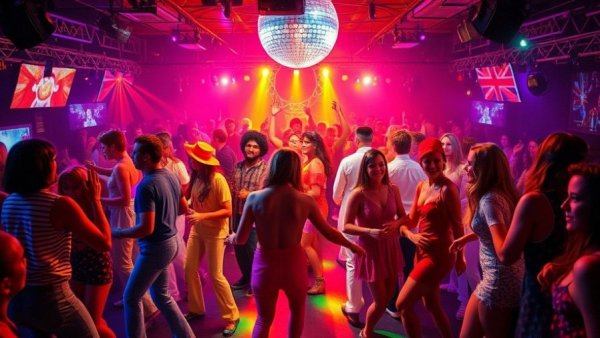 Vibrant 1970s disco dance scene illustrating energetic movement and style.