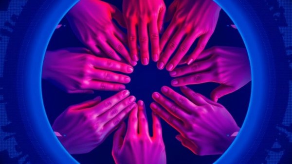 Interlinked hands symbolizing teamwork in a digital style. AI tools.