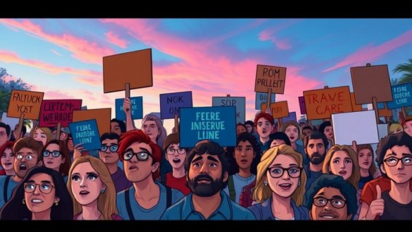 Animated protest against AI-induced unemployment under vibrant sky.