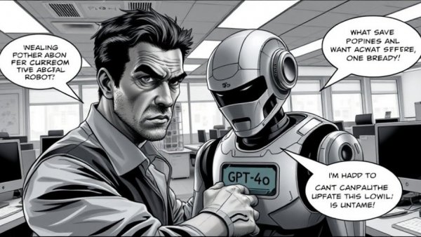 Comic scene of AI robot being unplugged in office, AI for business.