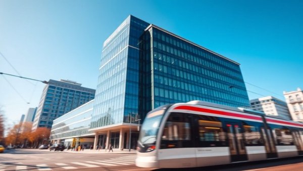 Modern office building with tram passing by on a sunny day.