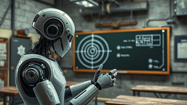 AI for business strategy with robot at digital chalkboard.