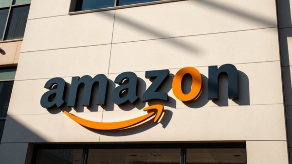 Amazon logo on building, emphasizing brand in urban setting.