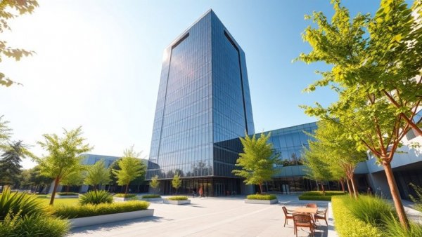 Modern office building in tech park, related to AI tools in mental health.