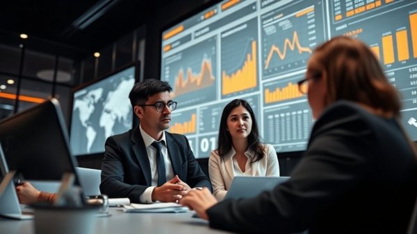 AI for business meeting with data analysis on digital screens.