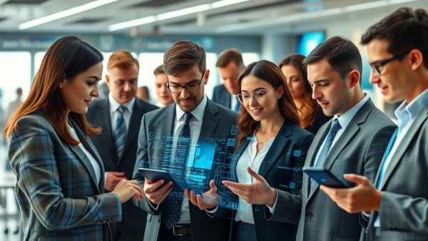 AI for business professionals using holographic displays in a modern office.