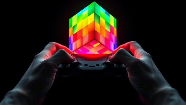 AI tools for game design concept with voxel cube and game controller.