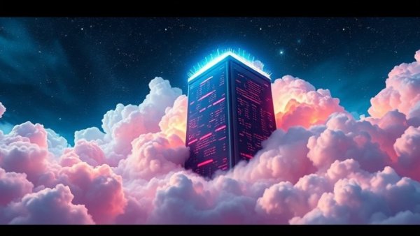 Futuristic data center in clouds symbolizing AI for business.