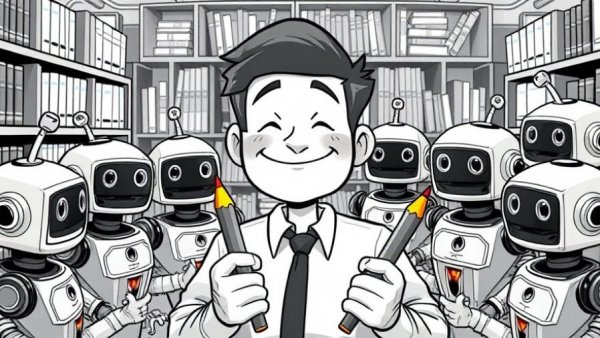 AI productivity depicted in a cartoon with smiling man and robots.