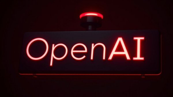 Illuminated 'OpenAI' sign with red beacon symbolizing business growth.