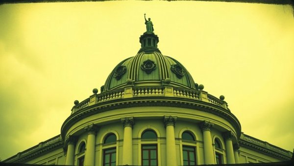 Vintage domed building with statue in green and yellow tones.