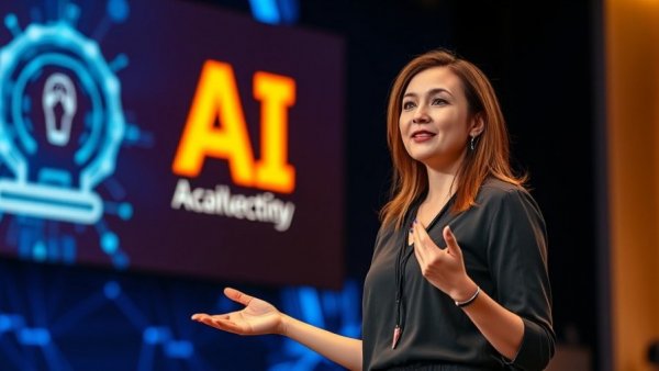 Woman presenting on AI startups challenges and solutions at a tech conference.