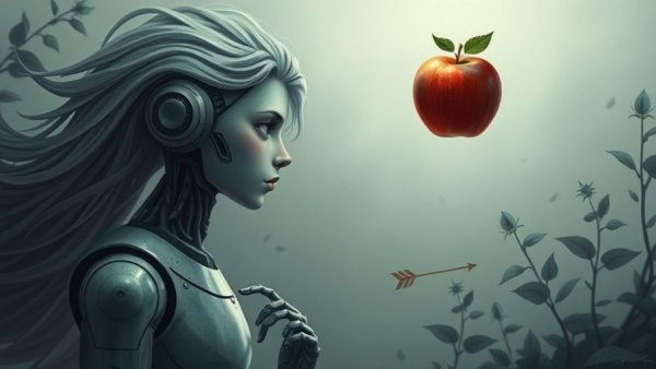 Surreal robotic figure pondering AI tools with floating apple.