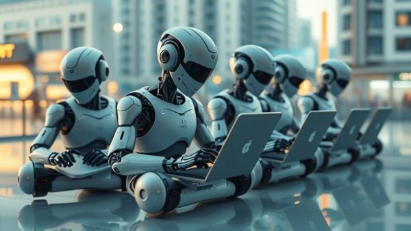 Futuristic robots coding on laptops in a digital workspace.