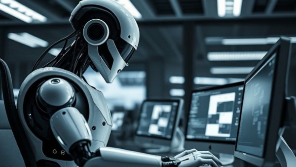 AI for business productivity: Robot working diligently on a computer